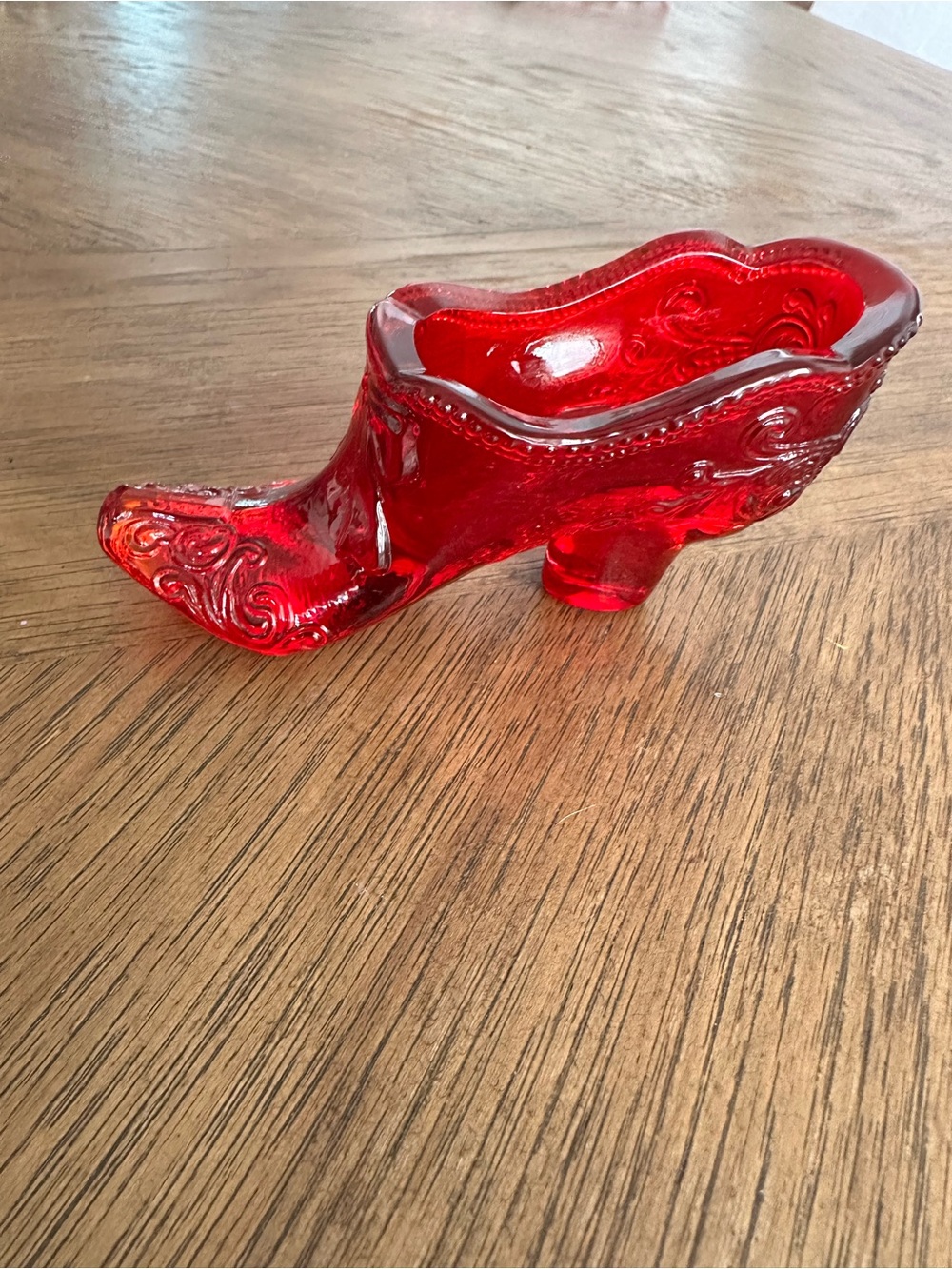 Mosser Glass Ruby Red Bow & Scrolls Vintage Victorian Slipper Shoe Figurine
